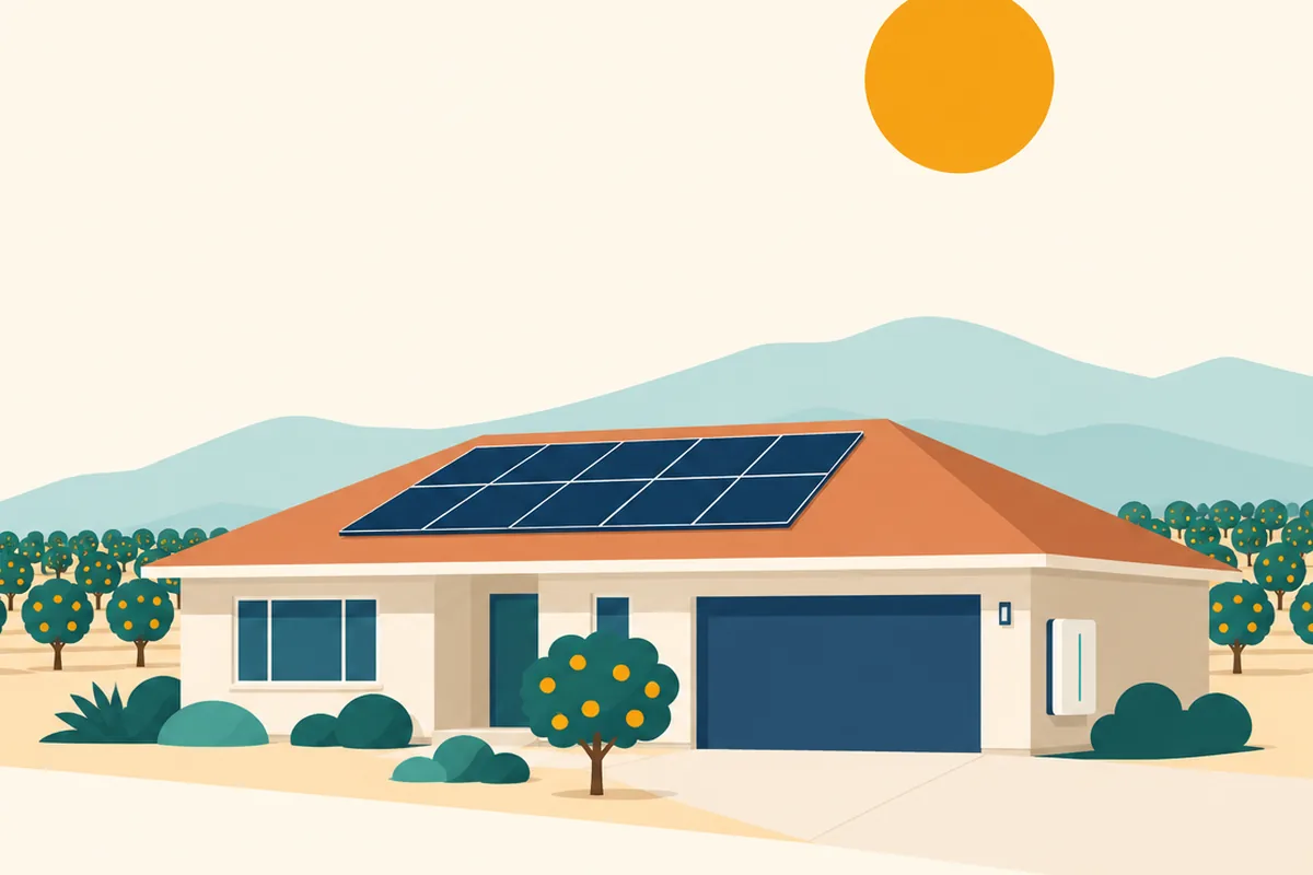 Flat illustration of a Central Valley home with rooftop solar panels